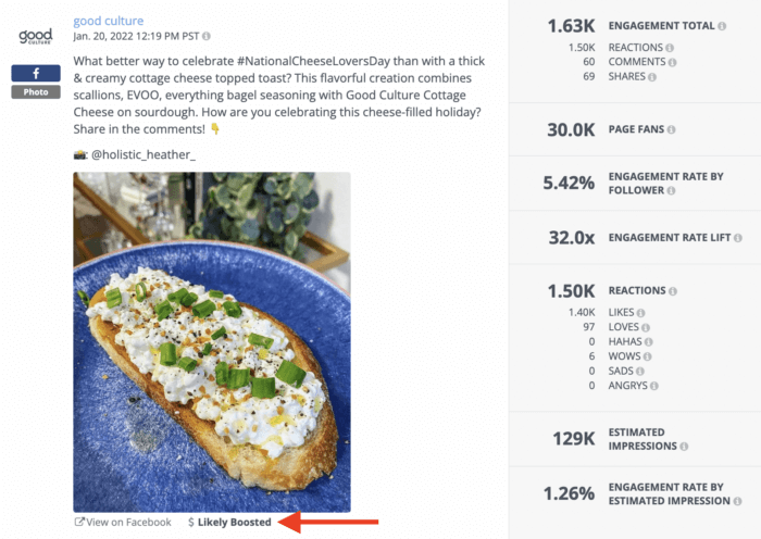 A Rival IQ analysis of a boosted Facebook post from health food brand good culture.