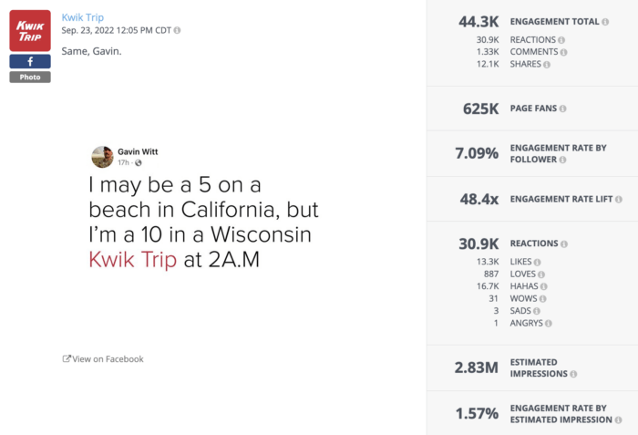 A Rival IQ analysis of a meme-style Facebook post from Kwik Trip which shows the brand's authenticity, a top Facebook best practice.