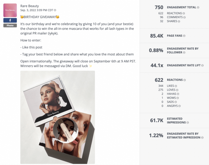 A Rival IQ analysis of a Facebook giveaway shared by Rare Beauty.