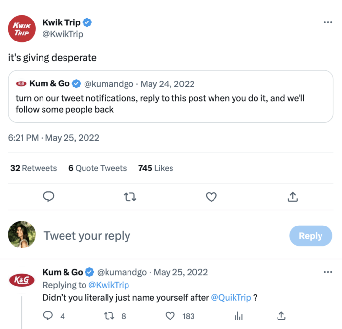 Kwik Trip and Kum & Go tweet back and forth with each other and each has a strong brand voice, which is a twitter best practice.