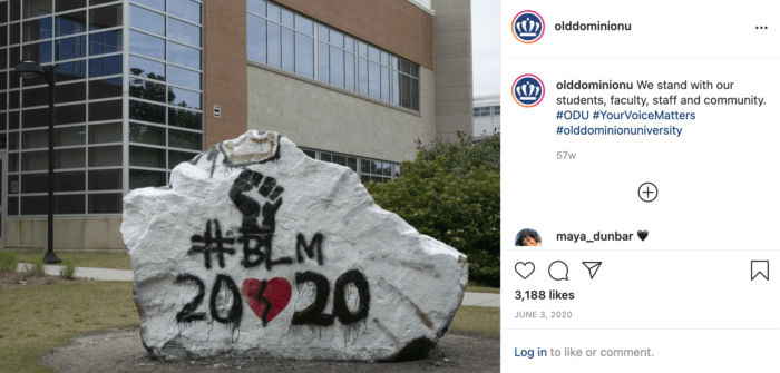 Instagram post from ODU featuring #BLM, a raised first, and 2020 in solidarity