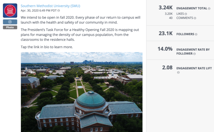 Instagram post from SMU featuring a campus glamour shot and updated information about COVID reopening