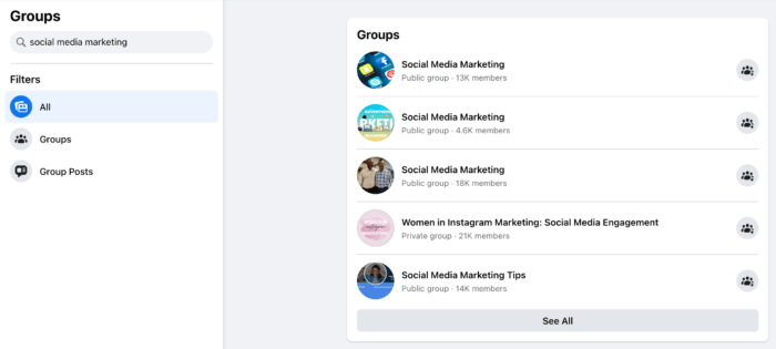 Screenshot of Facebook Group search results for the phrase "social media marketing"