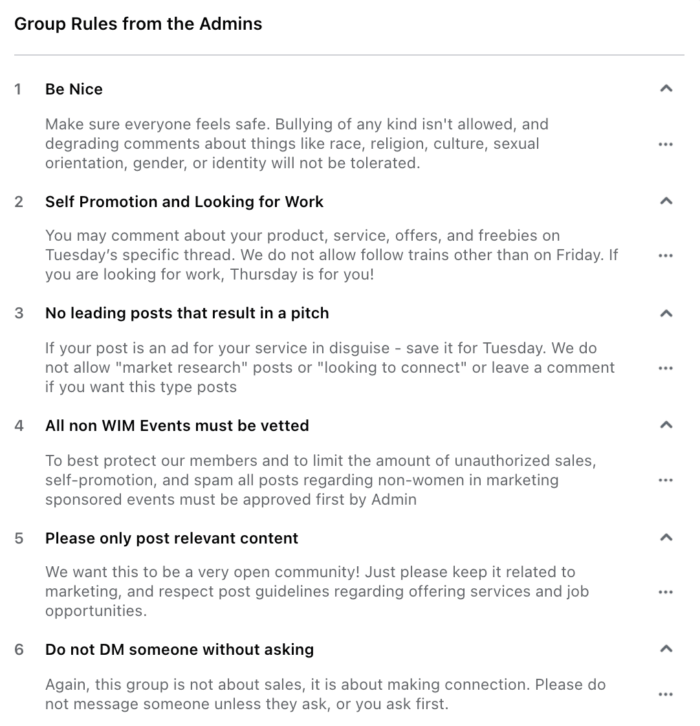 A Facebook Group called Women in Marketing outline the rules members must follow