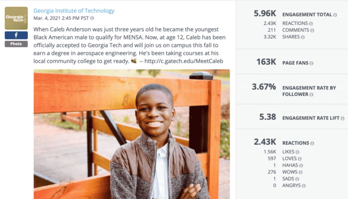 Georgia Tech's youngest freshman at age 12 is an example of high-performing higher education social media in 2021