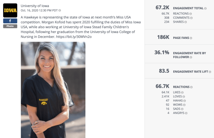 Instagram post featuring University of Iowa grad Morgan Kofold posing in U of I scrubs