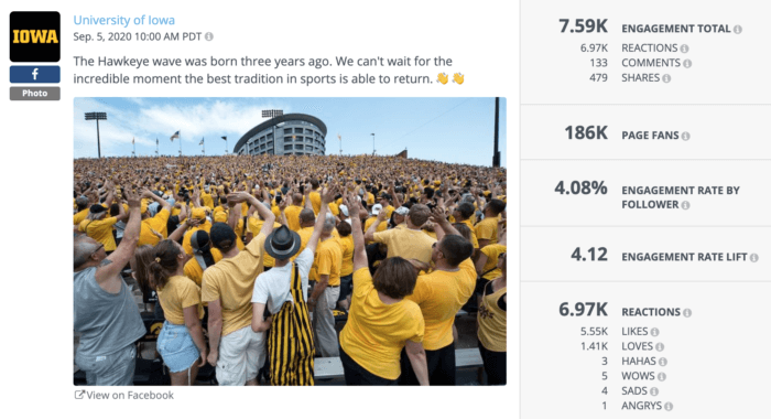 U of Iowa football fans turning to do the Hawkeye wave is an example of excellent higher education social media