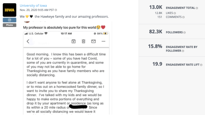Instagram post from University of Iowa featuring a kindhearted note from a professor to his students