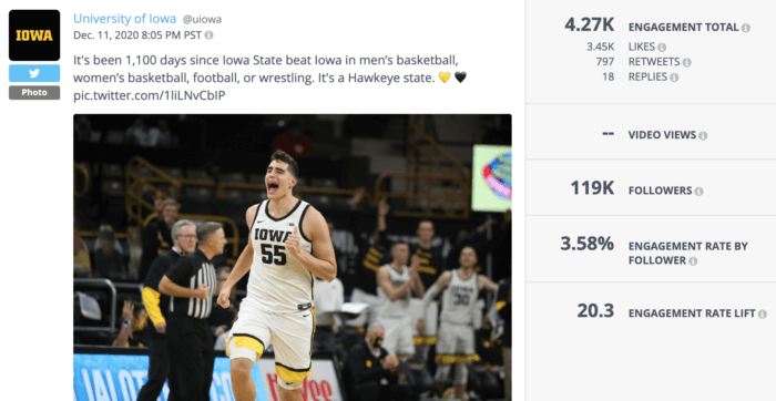 A member of the U of Iowa's men's basketball team pumps his fist in fictory