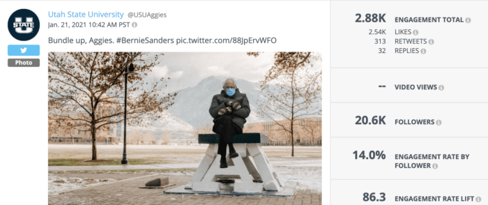 Bernie Sanders in mittens photoshopped into the Utah State quad is an example of high-engagement higher education social media