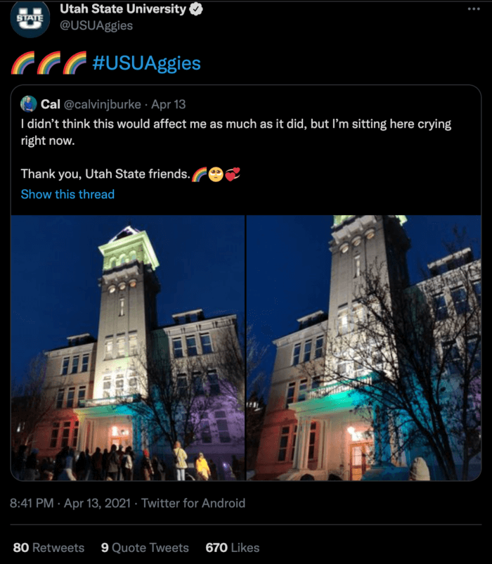 Utah State's campus lit up in rainbow lights for Pride is an example of effective higher education social media