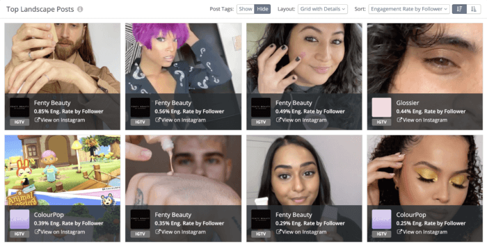 Many of this year's top beauty IGTV videos so far have been from Fenty Beauty, as shown in the Rival IQ dashboard.