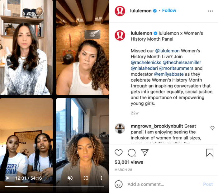 Lululemon uses IGTV marketing by turning their Instagram Live into an IGTV post for the feed.