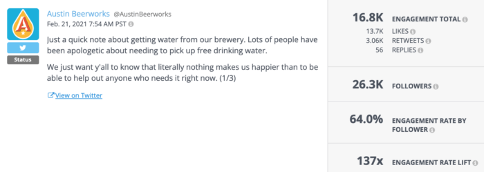 Tweet from Austin Beerworks inviting Texans to pick up free water from them during the Texas Freeze is successful alcohol social media