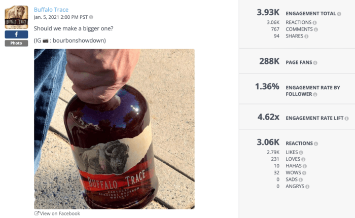 Buffalo Trace Facebook photo featuring a hand holding their bottle