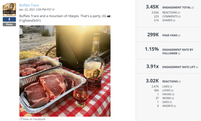 Facebook post from Buffalo Trace with racks of steak and bourbon next to a barbecue is a good example of alcohol social media