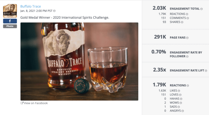 Facebook post from Buffalo Trace featuring a bottle and glass of their bourbon in celebration of winning the 2020 International Spirits Challenge