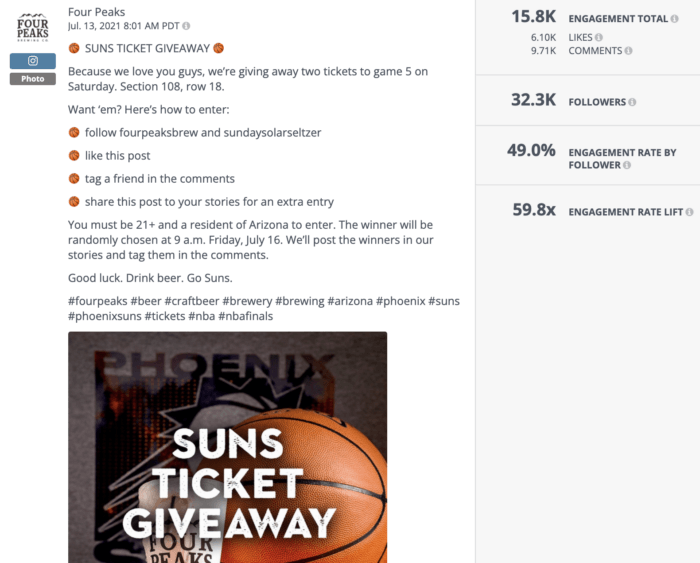 Instagram giveaway from Four Peaks Brewery featuring Suns tickets engaged followers on alcohol social media