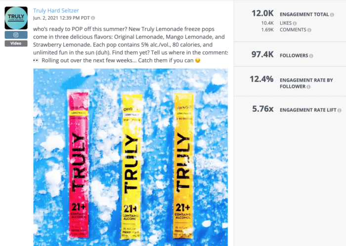 Instagram video from Truly featuring their new popsicles is an example of innovative alcohol social media strategy