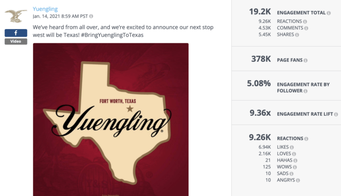 Facebook post from Yuengling announcing their presence in Texas is great alcohol social media