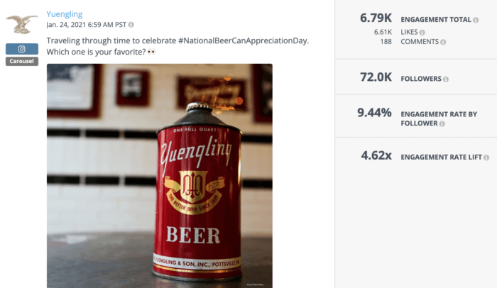 Carousel post from Yuengling featuring old beer cans is great alcohol social media strategy