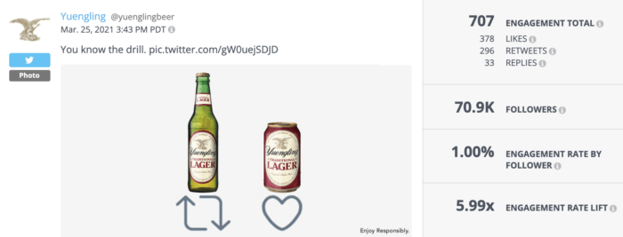 Tweet from Yuengling featuring a can and a bottle of their beer is an example of strong alcohol social media strategy