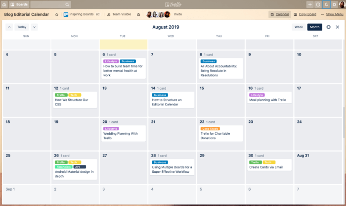 A screenshot of Trello's editorial calendar tool for content marketing strategy