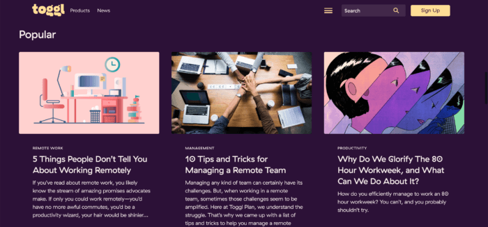 A snippet of Toggl's blog homepage which features three articles that demonstrate a thought leadership content marketing strategy.