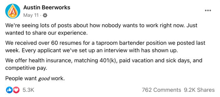 Austin Beerworks Facebook status with high engagement and shares