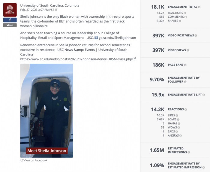 A Rival IQ analysis of a video shared by the University of South Carolina Columbia. The video earned an above average Facebook engagement rate.