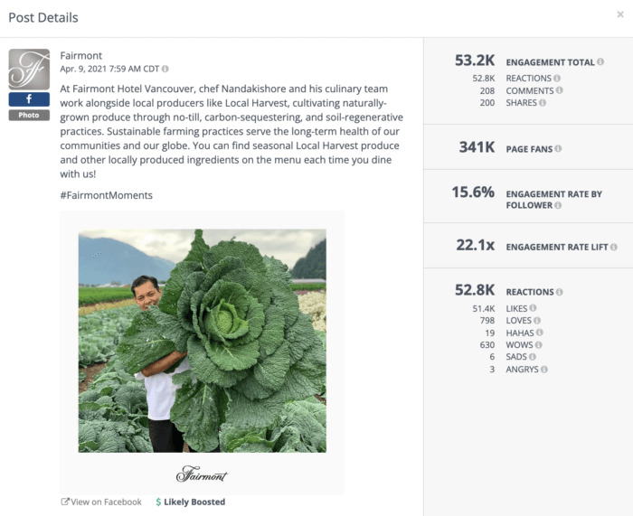 Fairmont Hotel Facebook post with a high engagement rate