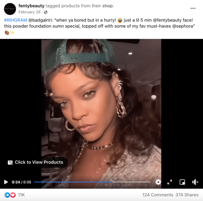 Fenty Beauty Facebook post featuring Rihanna
