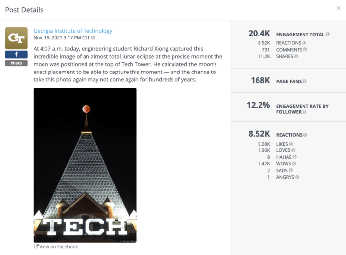 Georgia Tech Facebook post with good engagement rate