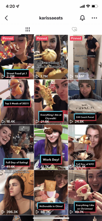 Profile page of karissaeats with lots of well-labeled videos