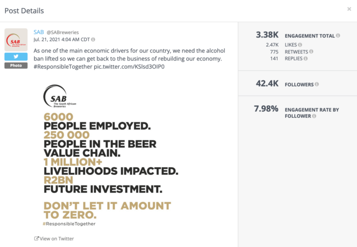 SA Breweries exemplifies strong beer social media with this tweet about their brand values during the pandemic. 