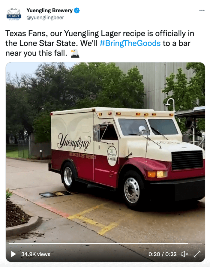 Yuengling beer video announcement on Twitter featuring a beer delivery truck is an example of strong beer social media.