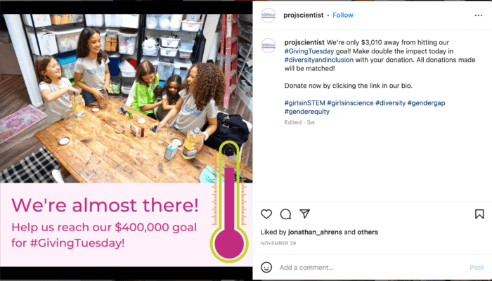 Project Scientist's Instagram update indicating that they are $3000 short of their Giving Tuesday goal