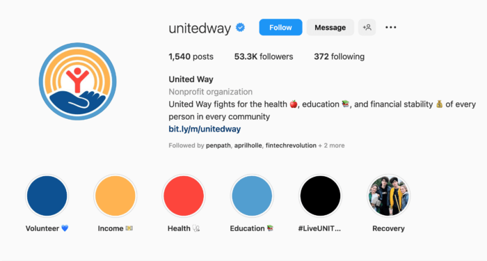 United Way's Instagram bio clearly indicates it is a nonprofit organization and states its mission