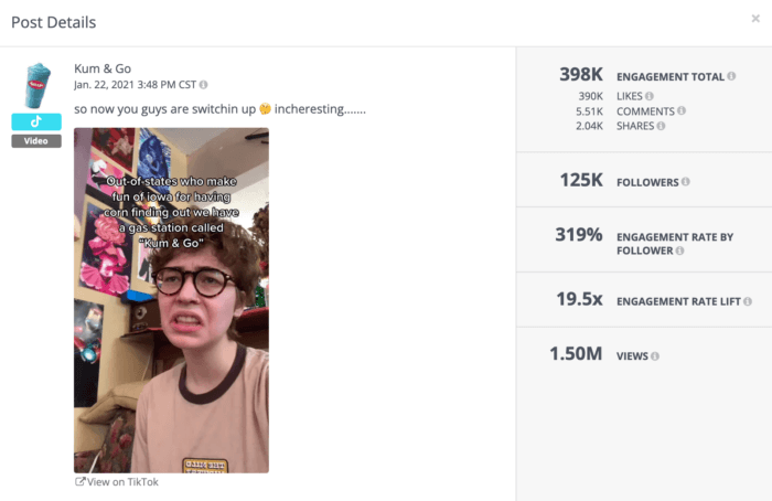 One of Kum & Go's top convenience store social media TikToks received over one million views, as shown Rival IQ's social analytics platform.