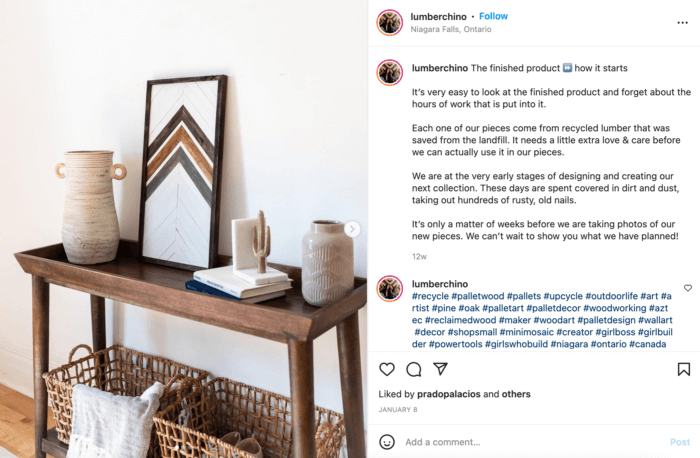 Small business Lumberchino uses Instagram hashtags in a comment which creates a more focused caption.