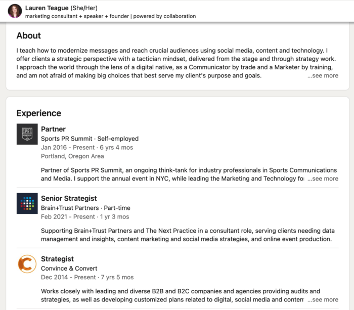 Sample of Lauren Teague's updated experiences section on LinkedIn