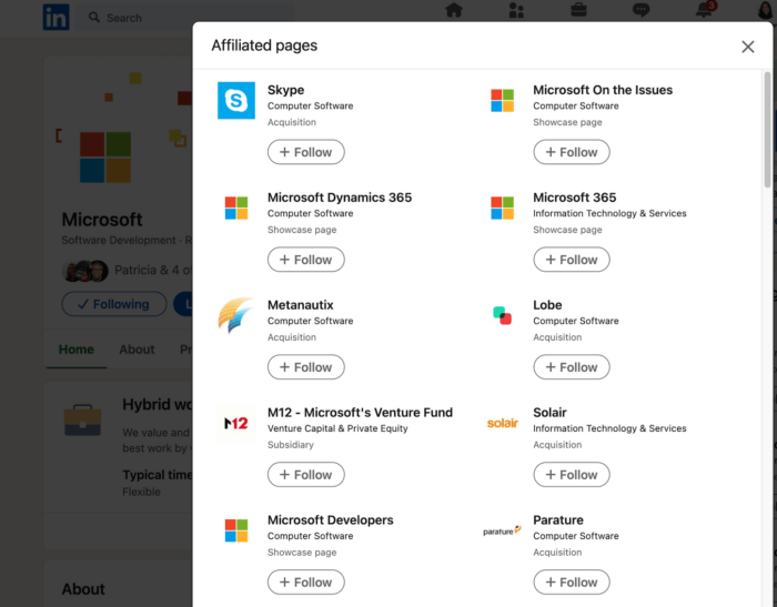 Microsoft's Showcase pages on LinkedIn has links to it's other brands Skype, Microsoft365, Metanautix, and more