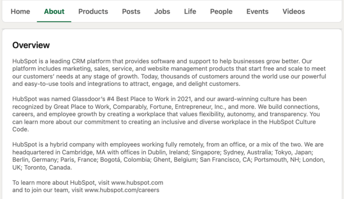 Snapshot of Hubspot's company overview on LinkedIn