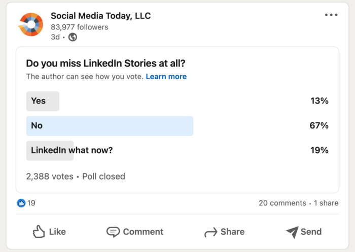 LinkedIn poll asking if you miss LinkedIn Stories? Options are yes, no, and LinkedIn what now?