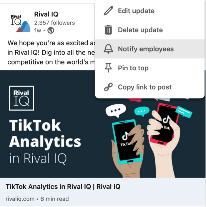 Screenshot showing how to notify employees on LinkedIn