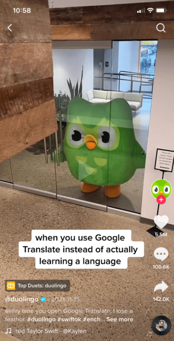 Language learning platform Duolingo is one of the top creators on TikTok thanks to the brand's entertaining mascot, a big green owl named Duo.