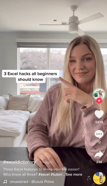 TikTok creator Excel Dictionary shares quick and easy Excel tips with her audience, demonstrating the effectiveness of niche content as a top TikTok marketing strategy.