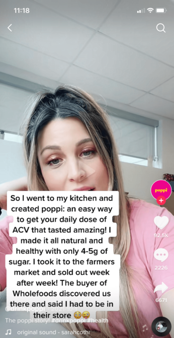 The founder of Poppi, a DTC beverage brand on TikTok, takes viewers behind the scenes of the brand's story in one of Poppi's most viewed TikTok posts.