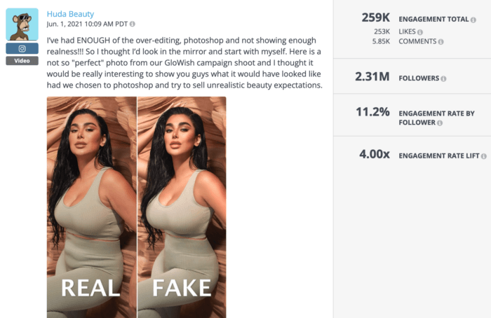 Best of beauty social media post from Huda Beauty featuring a comparison between retouched and unretouched photography