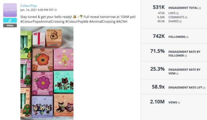 Best of beauty social media post from ColourPop featuring an Animal Crossing collab announcement